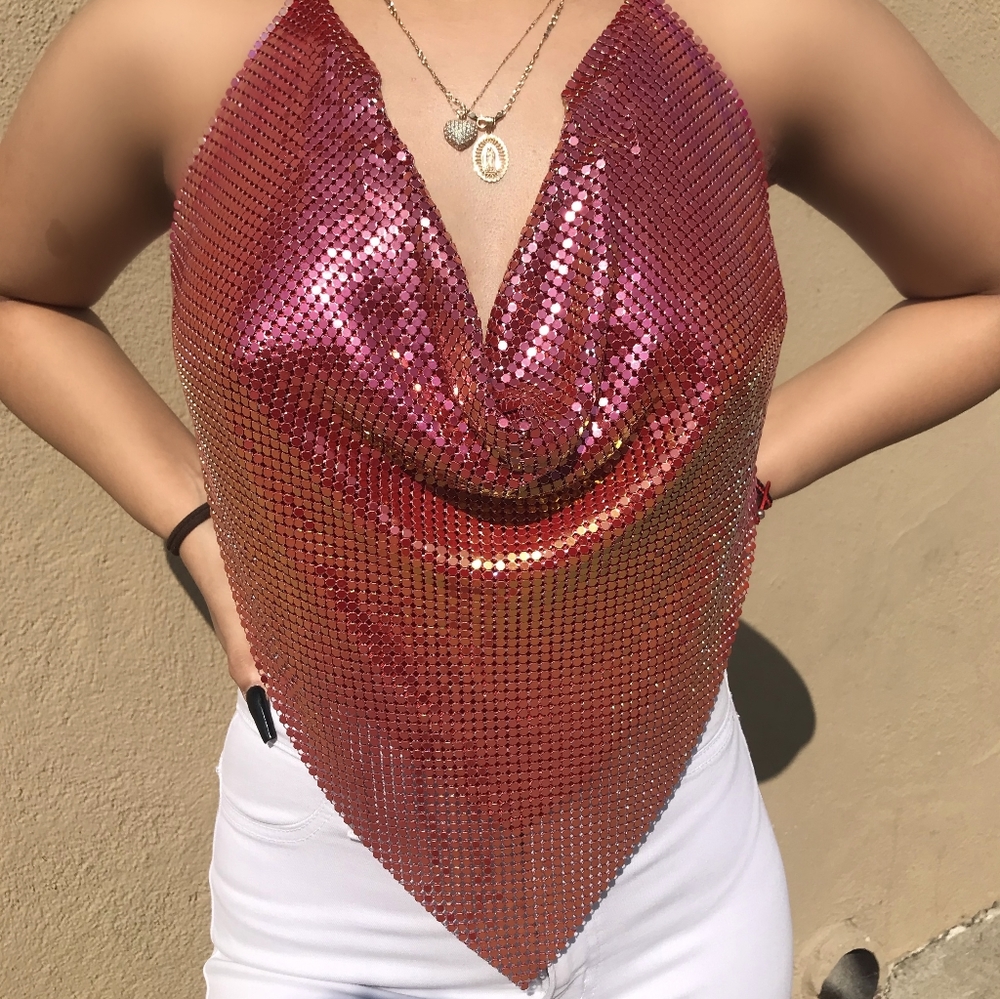 Metallic red backless halter top